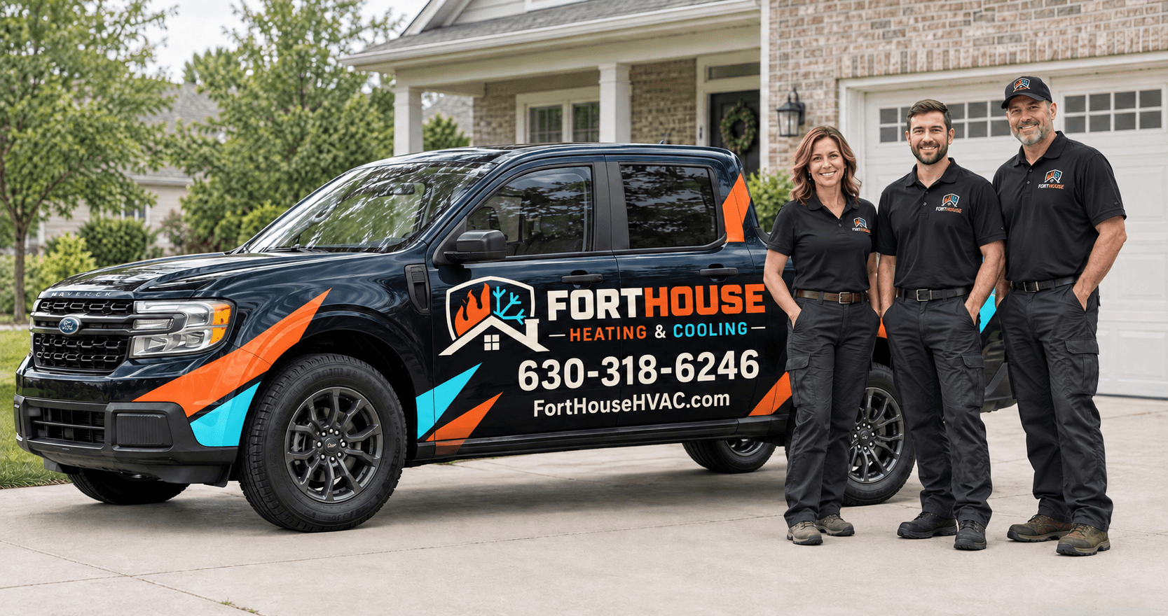 Concept illustration of three fictional team members standing beside a branded FortHouse service truck outside a suburban home