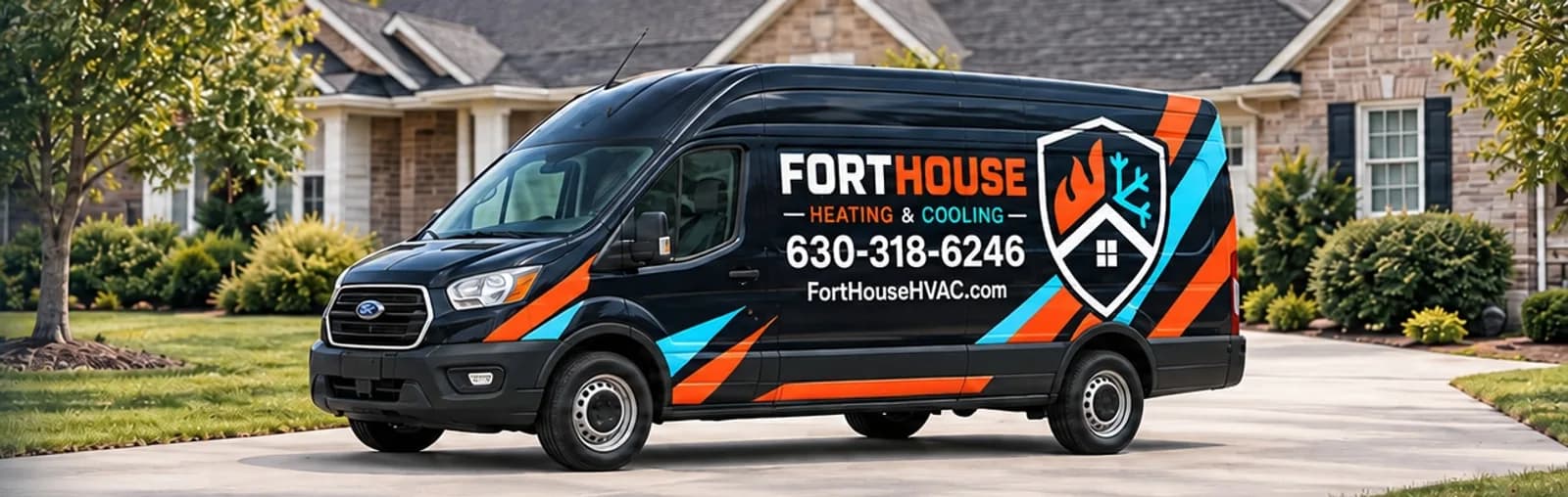 Concept illustration of a FortHouse branded service van parked on a suburban street