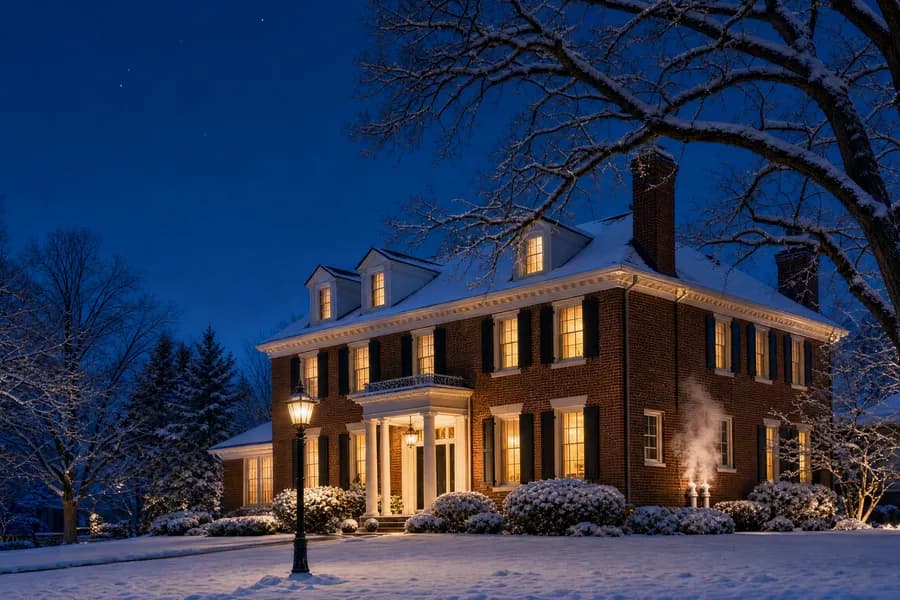 Illustration of a red-brick Georgian Colonial with black shutters and a columned portico on a snowy evening, vapor rising from two white PVC furnace vents at the side wall