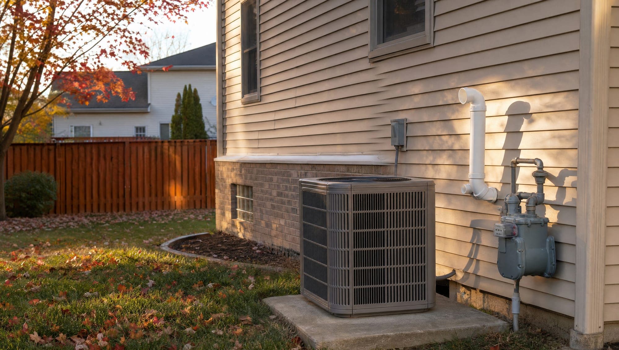 A central air conditioner condenser and furnace vent pipes beside a suburban home in autumn, the equipment a Plainfield homeowner is choosing an HVAC company to look after