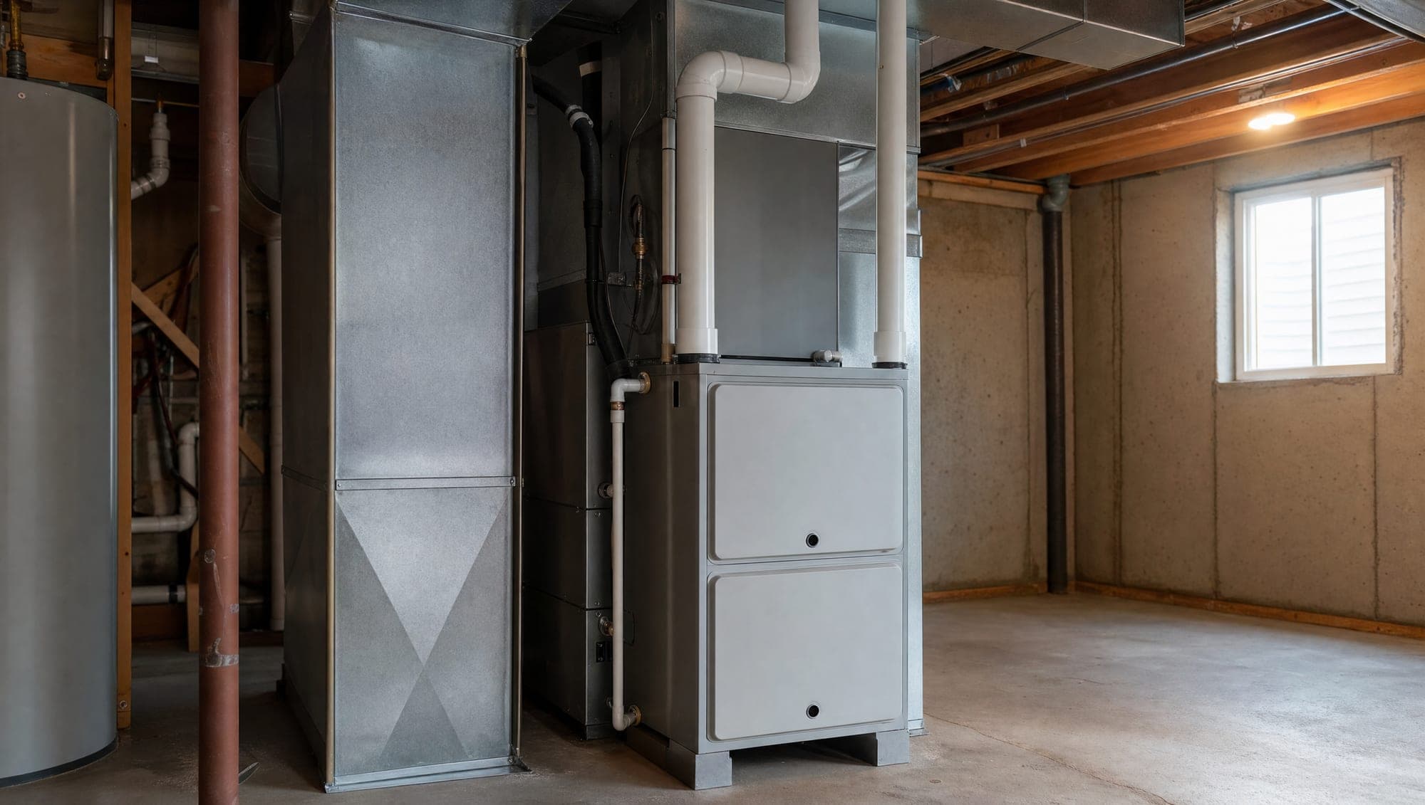 A high-efficiency gas furnace and ductwork in a suburban Illinois basement, the kind of system priced on this Plainfield and Naperville HVAC price sheet
