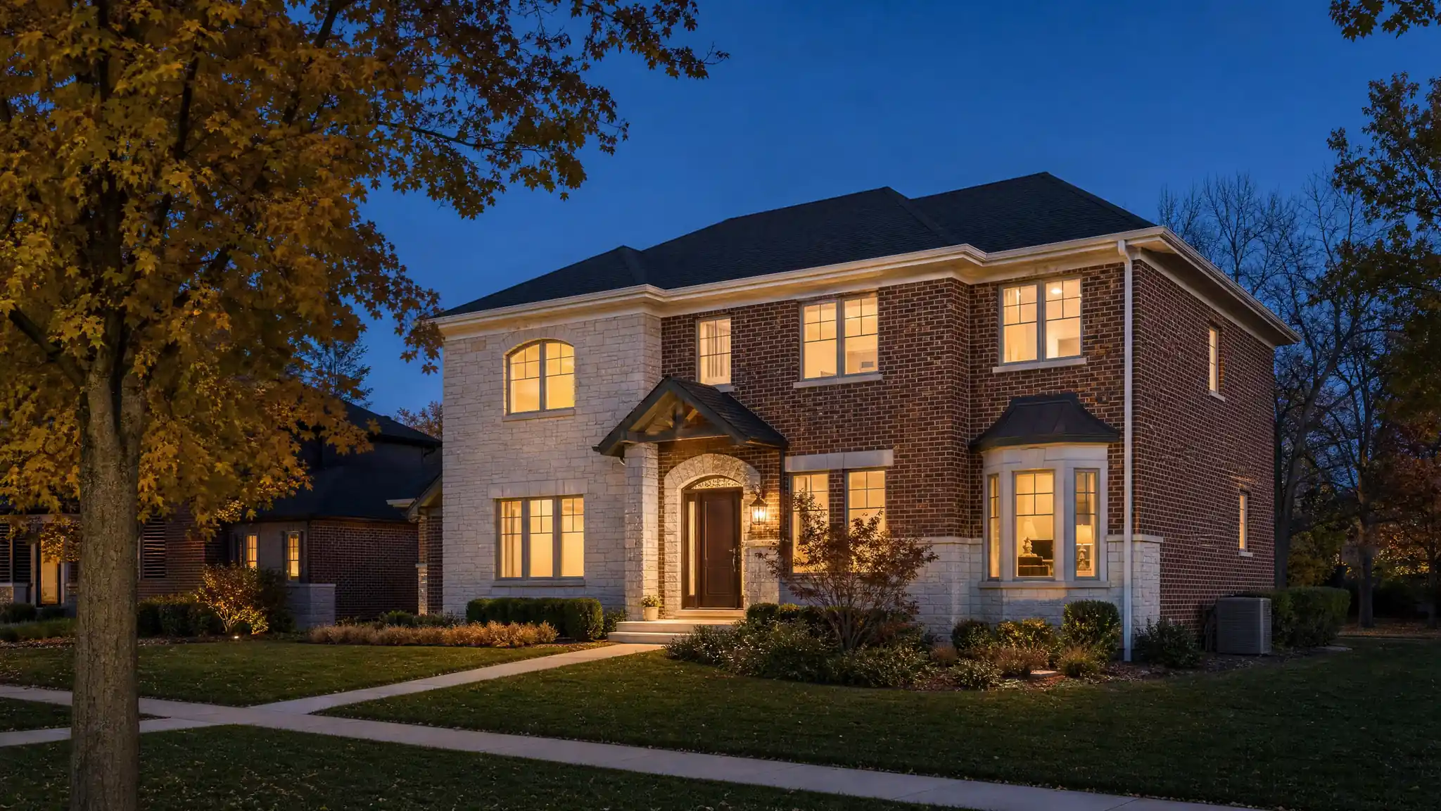 Illustrative home exterior with a condenser beside the house